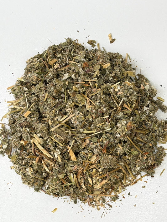 Dried red raspberry leaf, cut and sifted