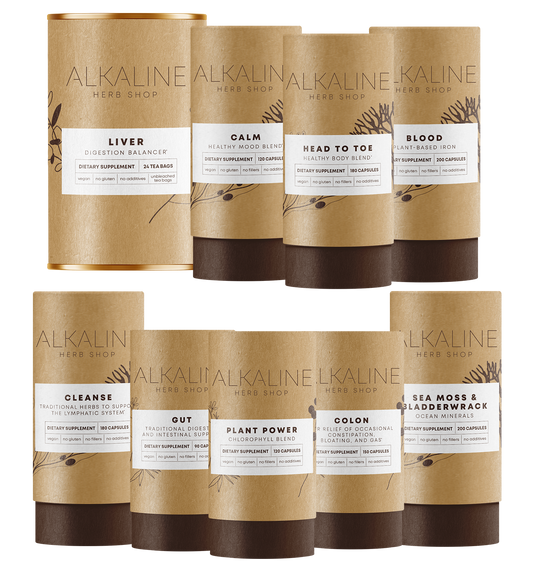 The Body Essentials Bundle - Sea Moss & Bladderwrack, Plant Power (Chlorophyll), Blood (Iron), Head to Toe (Happy Healthy Body), Colon (Happy Colon), Cleanse (Happy Lymph), Gut, Liver Tea (Happy Liver Tea), and Calm (Happy Mood)