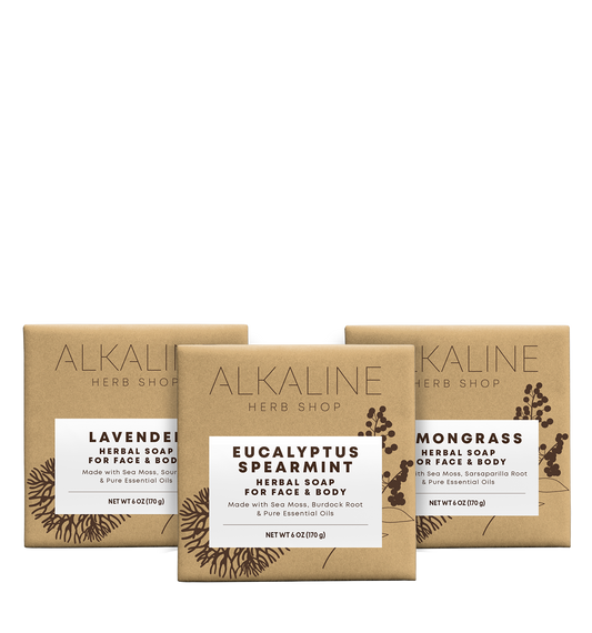 Clear Skin Bundle - Sea Moss, Burdock Root, Eucalyptus, & Spearmint Soap - Sea Moss, Soursop, & Lavender Soap and Sea Moss, Sarsaparilla, & Lemongrass Soap