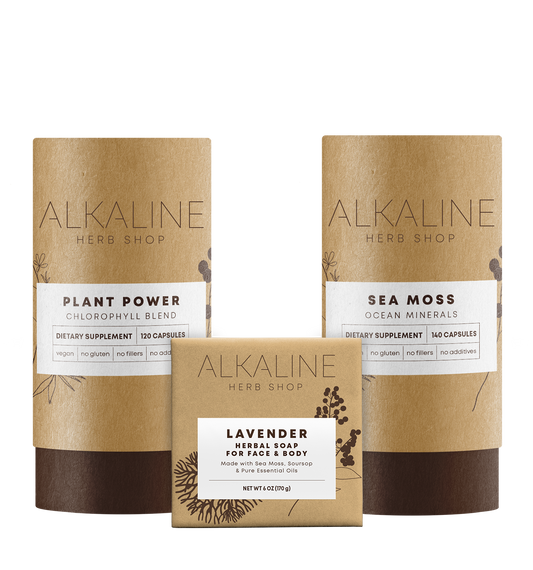 Healthy Hair, Skin, and Nails Bundle - Sea Moss Supplement, Plant Power Supplement (Chlorophyll), and Sea Moss, Soursop, & Lavender Soap