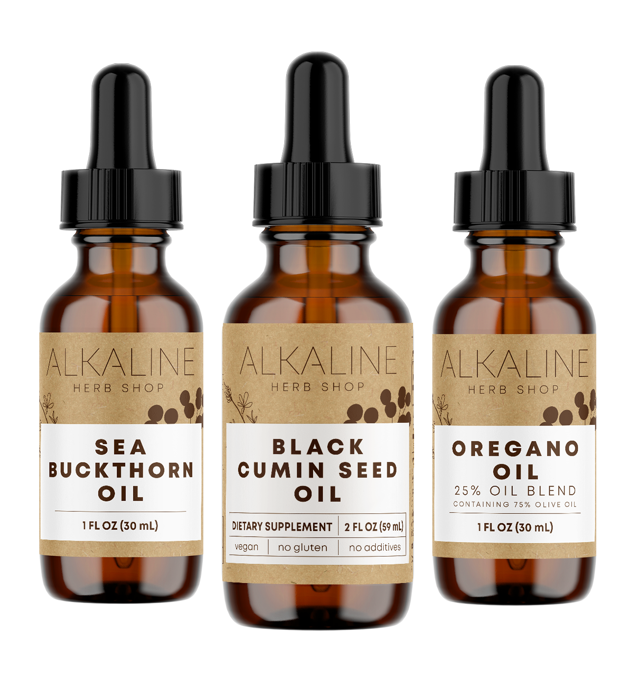 Oil Bundle - Black Seed Oil (Black Cumin Seed Oil), Oregano Oil, and Sea Buckthorn Oil