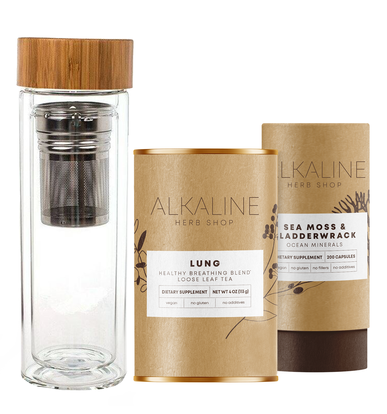 Healthy Lung Bundle - Sea Moss & Bladderwrack Supplement, Lung Tea Supplement (Happy Lung Tea) and Double Wall Glass Drink Stainless Steel Tea Infuser Water Bottle Bamboo 17 oz