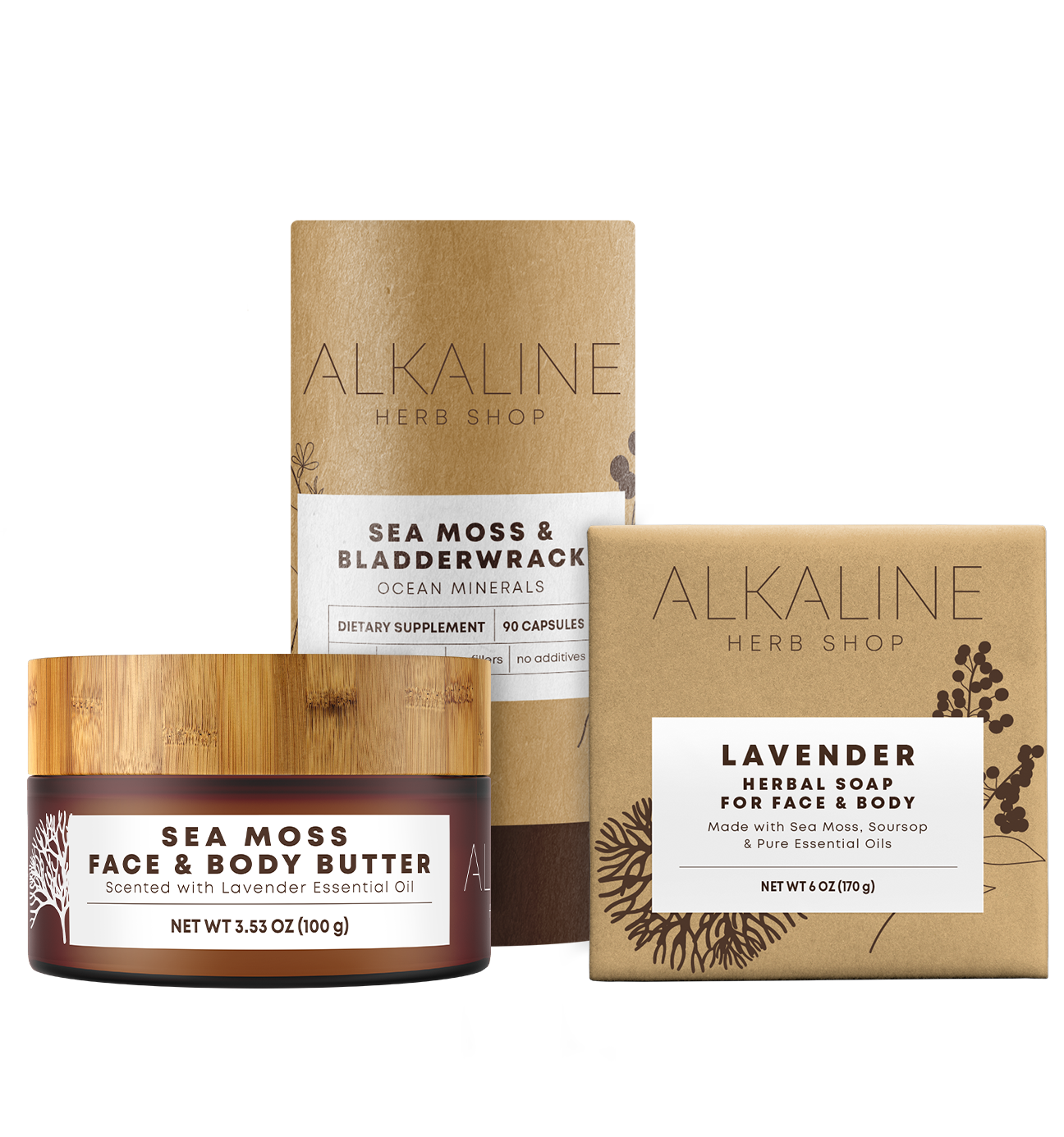 Sea Moss Body Glow Bundle - Sea Moss & Bladderwrack Supplement, Sea Moss Face & Body Butter, Sea Moss, Soursop, & Lavender Soap