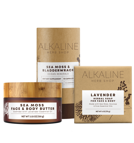 Sea Moss Body Glow Bundle - Sea Moss & Bladderwrack Supplement, Sea Moss Face & Body Butter, Sea Moss, Soursop, & Lavender Soap