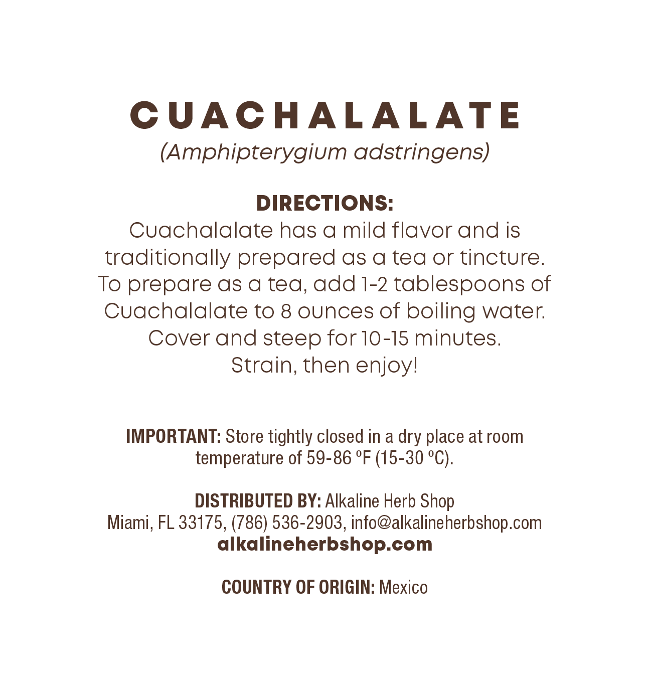 Cuachalalate Bark back label, ingredients and directions
