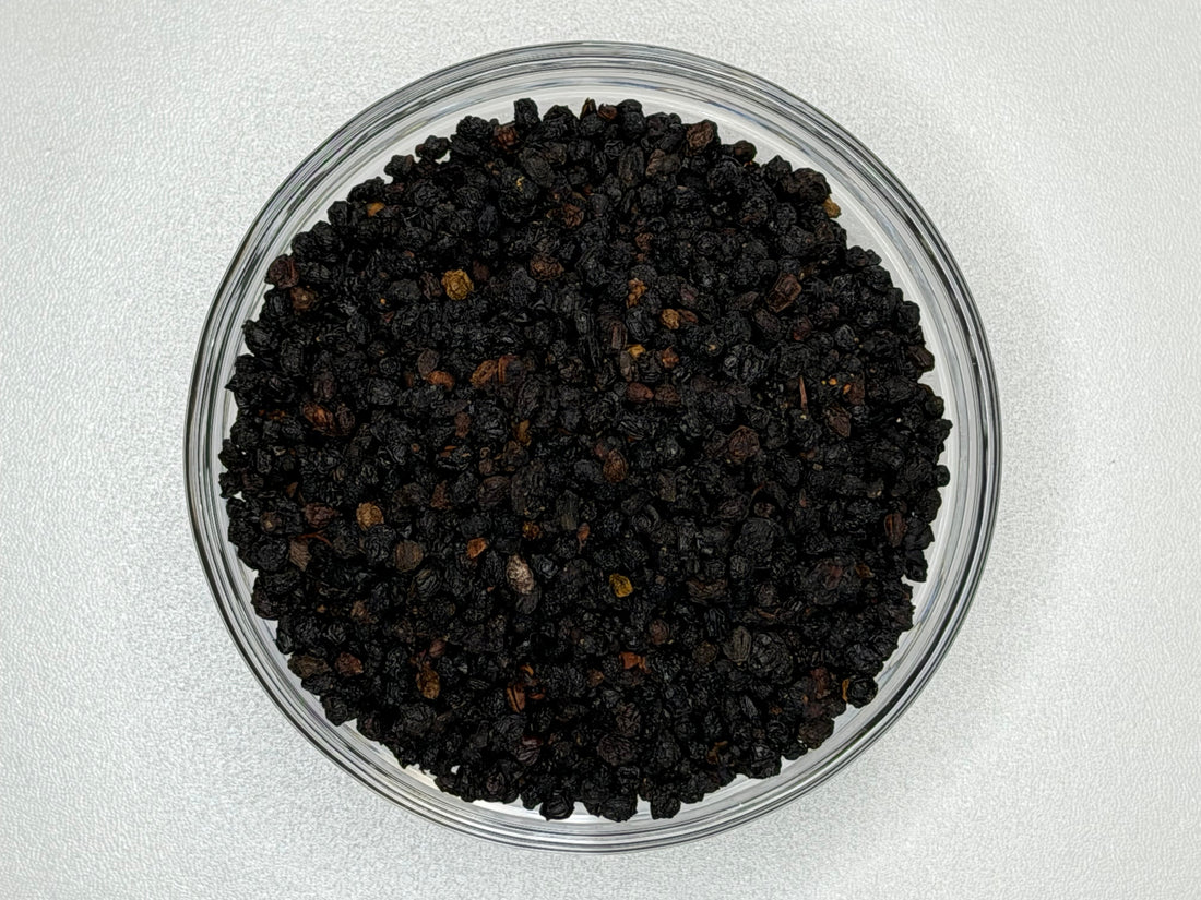 Dried black elderberries, Sambucus nigra, sauco, for tea and syrup
