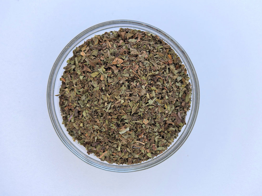 Dried cut and sifted spearmint leaf, Mentha spicata, hierbabuena, for tea