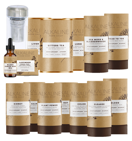 Full Body Bundle - Sea Moss & Bladderwrack, Plant Power, Kidney, Liver Tea, Lung Tea, Bitters Tea, Gut, Colon, Cleanse, Blood, Head to Toe, Sea Moss Soap, Calm, Black Seed Oil, and Gemstone Tea Infuser 17oz