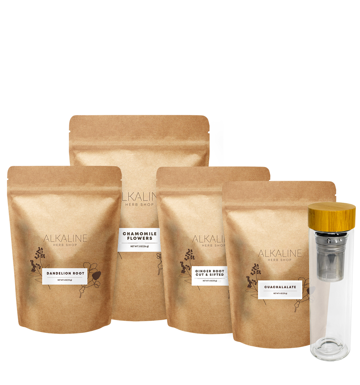 Gut Tea Bundle: dandelion root, chamomile flowers, ginger root, cuachalalate bark and a double wall glass tea infuser