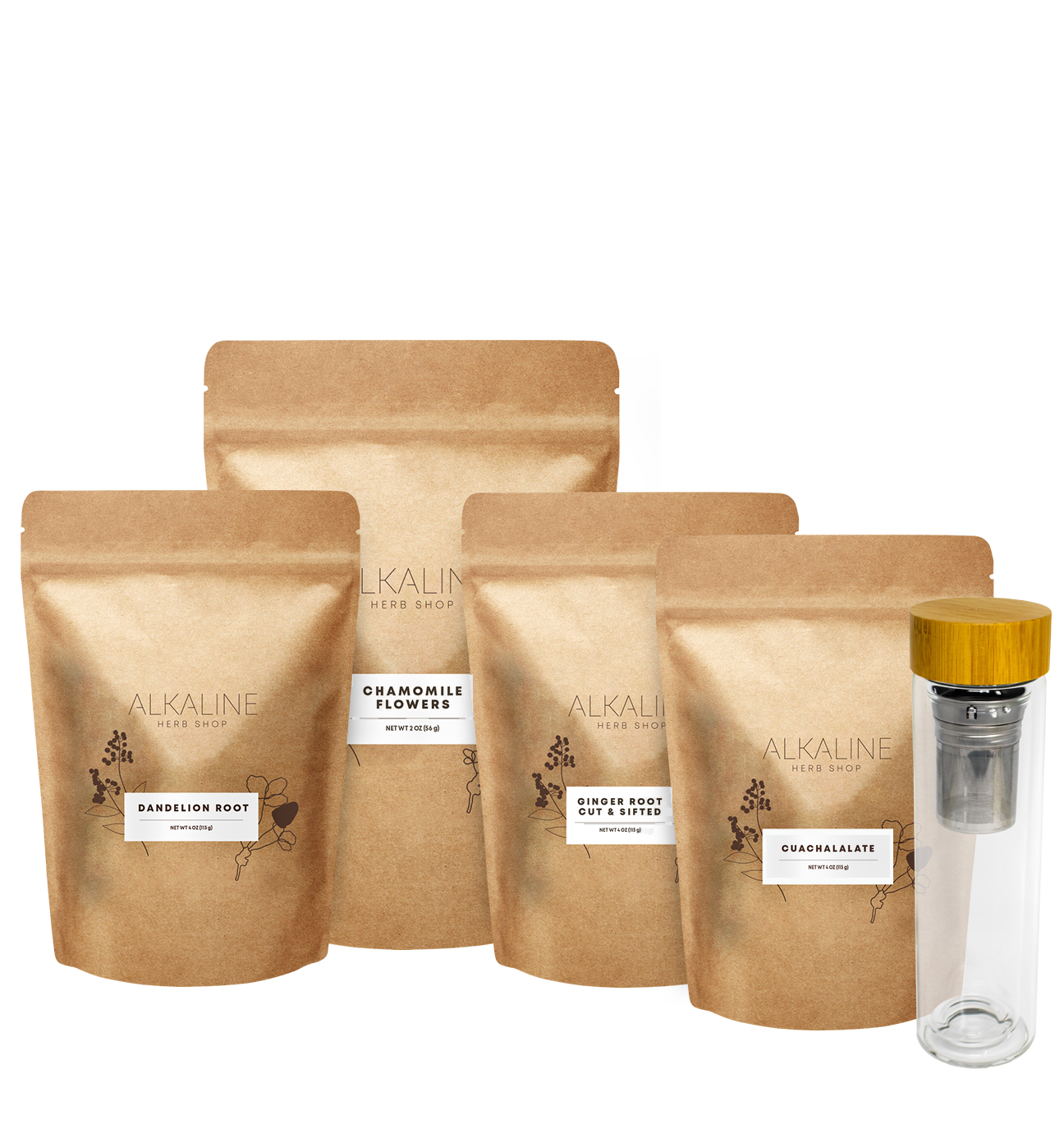Gut Tea Bundle: dandelion root, chamomile flowers, ginger root, cuachalalate bark and a double wall glass tea infuser