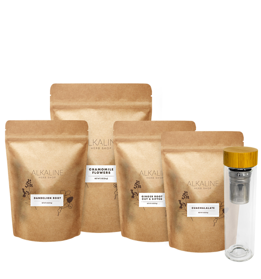 Gut Tea Bundle: dandelion root, chamomile flowers, ginger root, cuachalalate bark and a double wall glass tea infuser