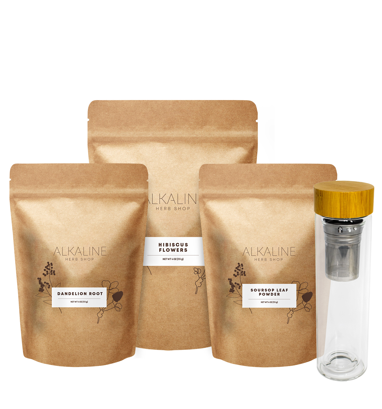 Herbal Glow Bundle - Hibiscus Flowers, Dandelion Root, Soursop Leaves, and Double Wall 17 oz Tea Infuser