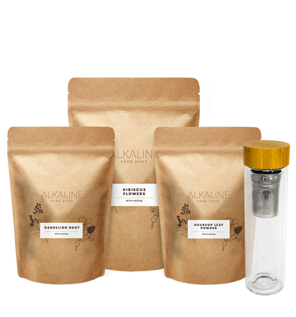 Herbal Glow Bundle - Hibiscus Flowers, Dandelion Root, Soursop Leaves, and Double Wall 17 oz Tea Infuser