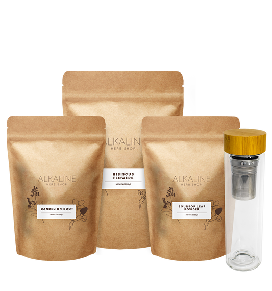 Herbal Glow Bundle - Hibiscus Flowers, Dandelion Root, Soursop Leaves, and Double Wall 17 oz Tea Infuser