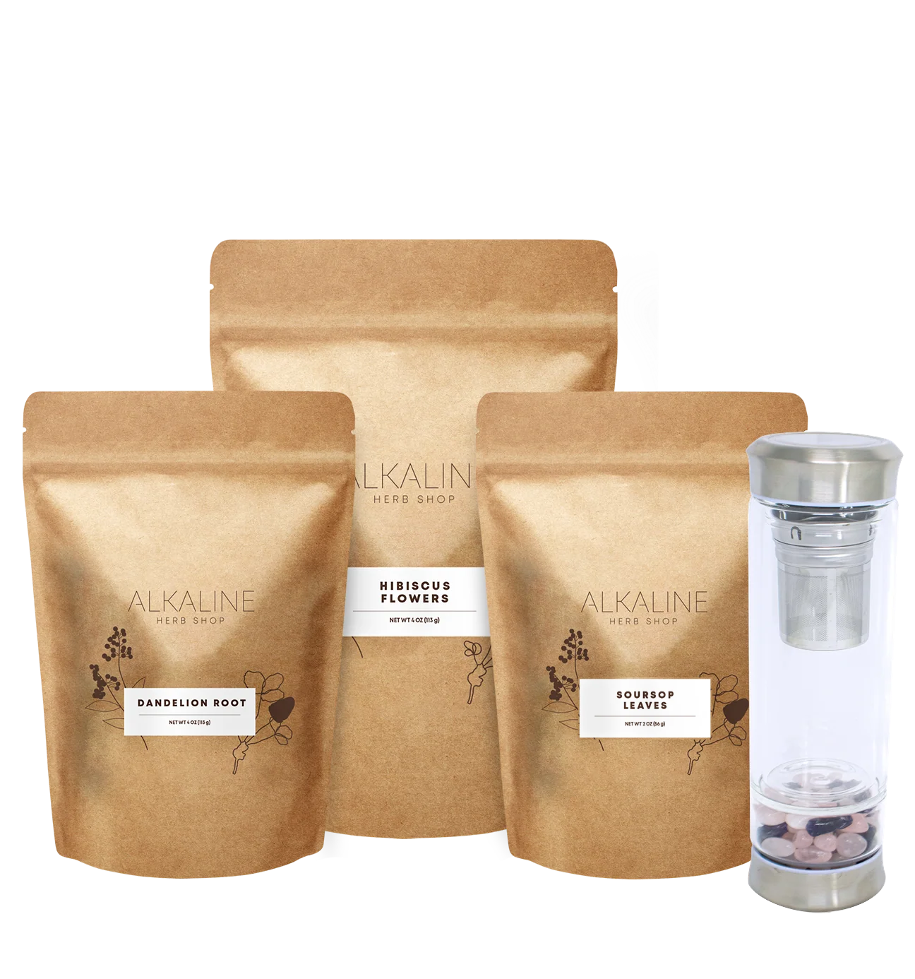 Herbal Glow Bundle - Hibiscus Flowers, Dandelion Root, Soursop Leaves, and Gemstone Tea Infuser