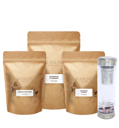 Herbal Glow Bundle - Hibiscus Flowers, Dandelion Root, Soursop Leaves, and Gemstone Tea Infuser