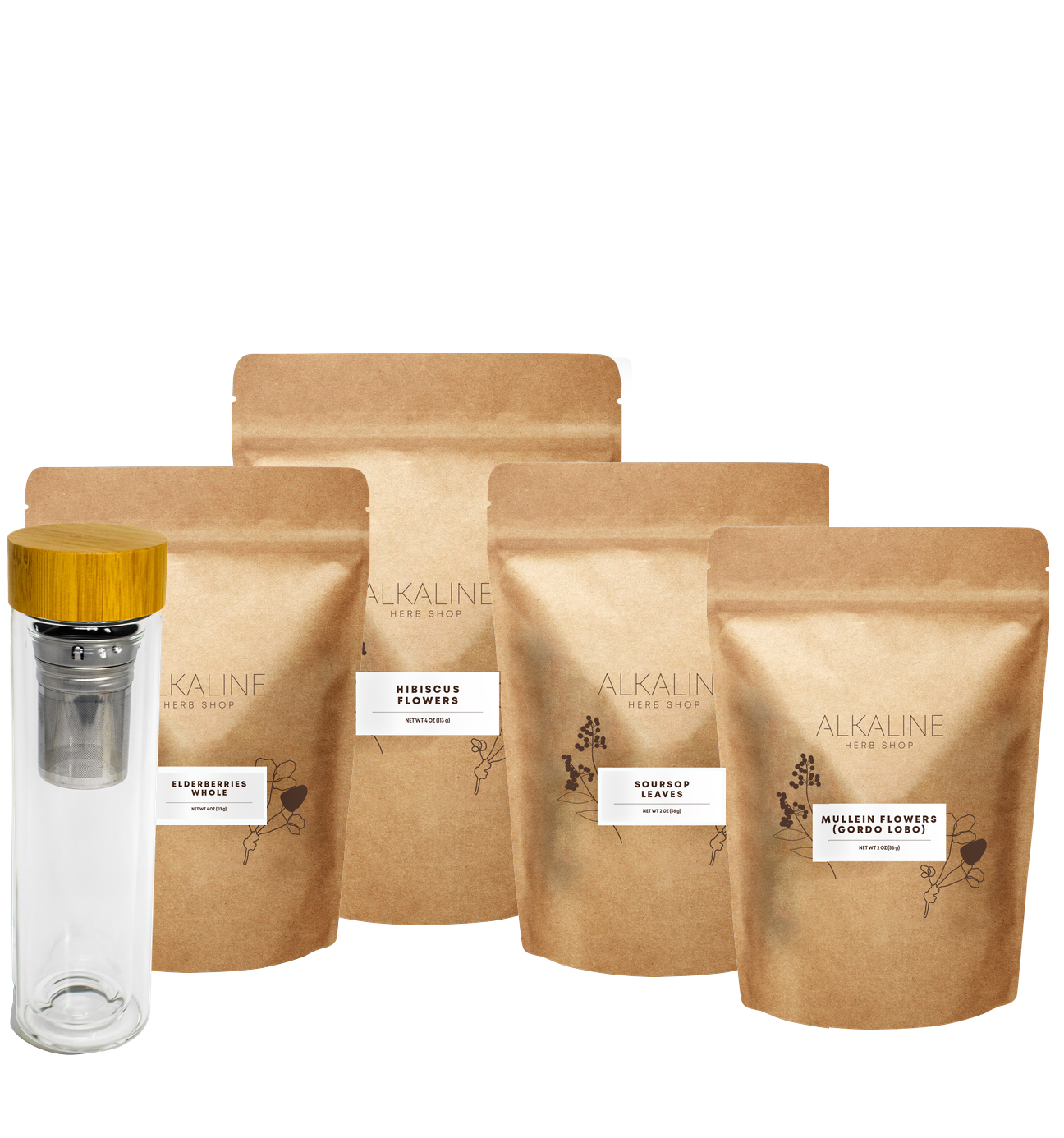 Immune Tea Bundle: elderberries, mullein flowers, hibiscus flowers, soursop leaves and a double wall glass tea infuser