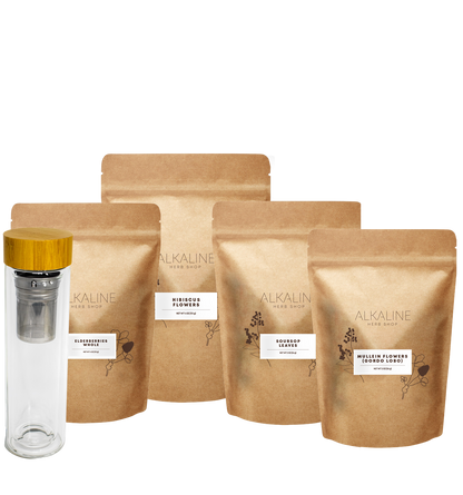 Immune Tea Bundle: elderberries, mullein flowers, hibiscus flowers, soursop leaves and a double wall glass tea infuser