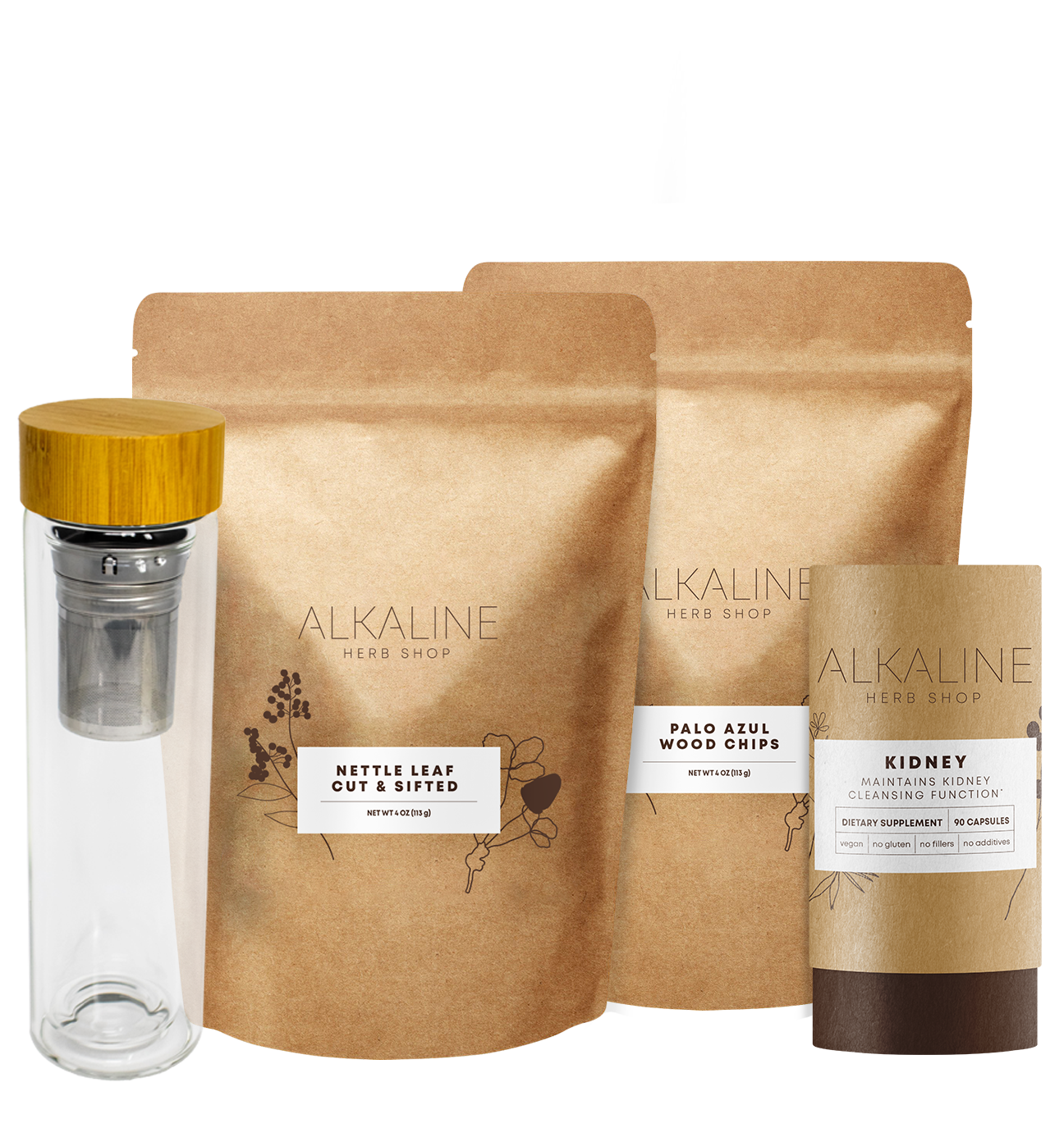 Healthy Kidney Bundle - Kidney Supplement, Palo Azul, Nettle Leaf, and Double Wall 17 oz Tea Infuser