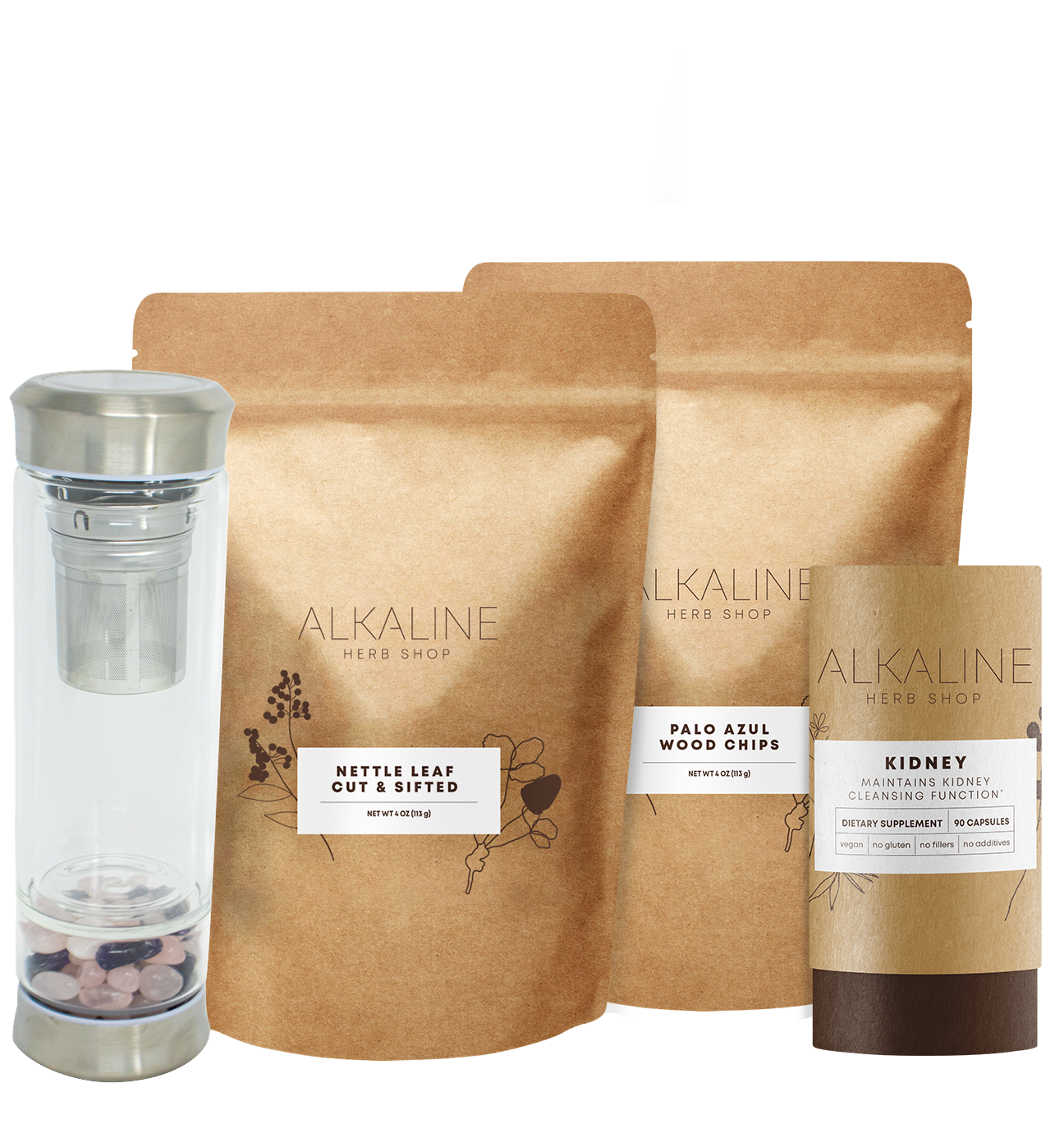 Kidney Bundle - Kidney Supplement, Palo Azul, Nettle Leaf, and Gemstone Tea Infuser