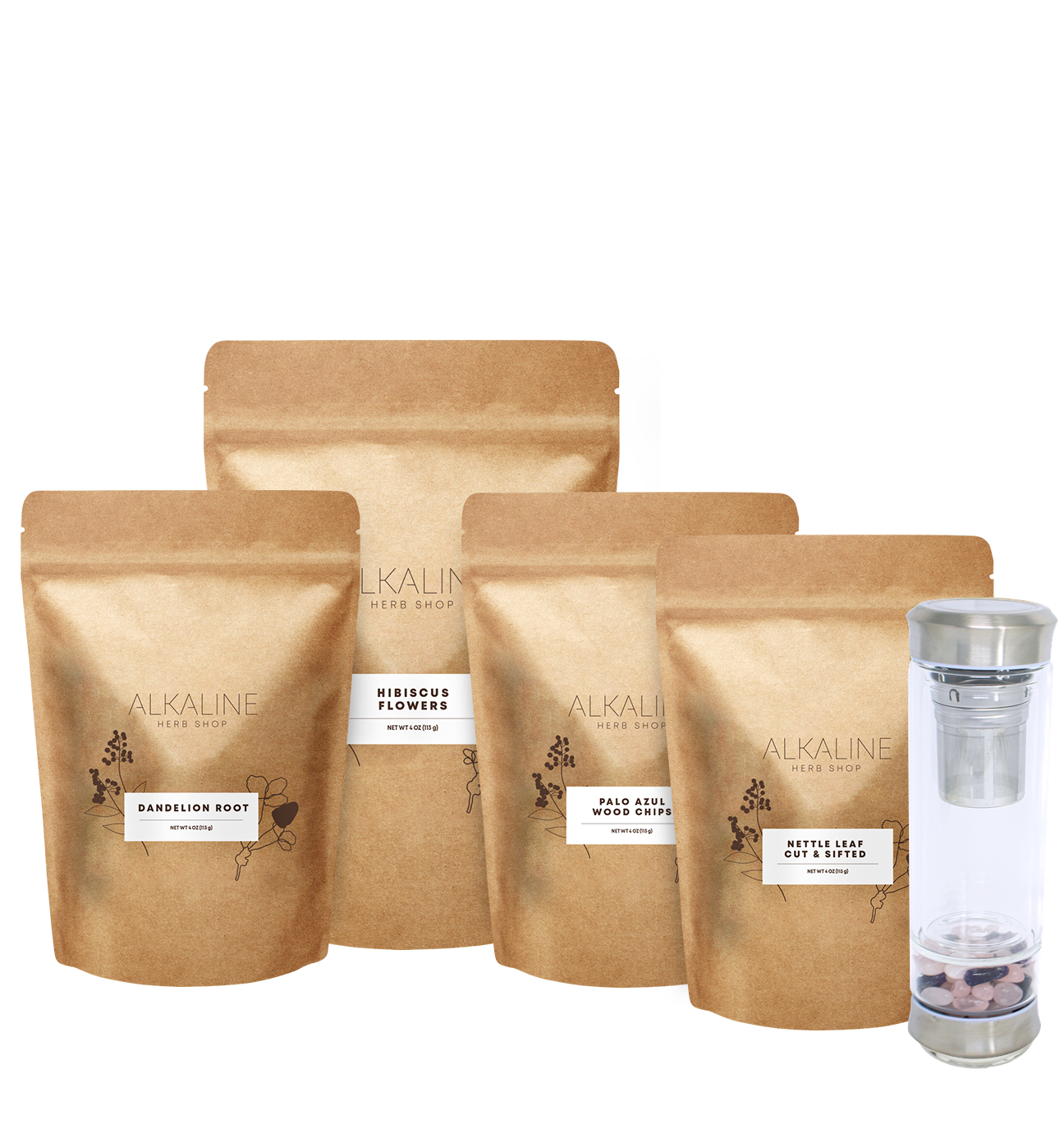 Kidney Tea Bundle - Dandelion Root, Nettle Leaf, Hibiscus Flowers, Palo Azul, and Gemstone Tea Infuser