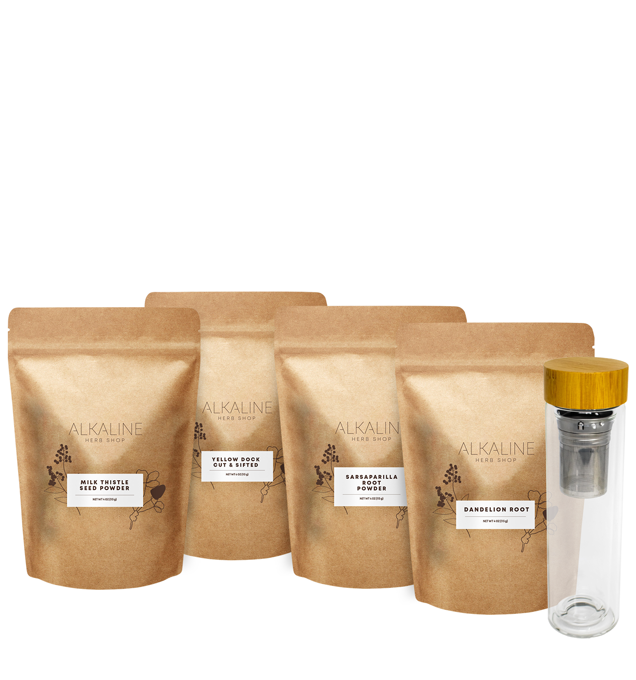 Liver Tea Bundle - Milk Thistle Seed, Dandelion Root, Yellow Dock, Sarsaparilla Root, and Double Wall 17 oz Tea Infuser