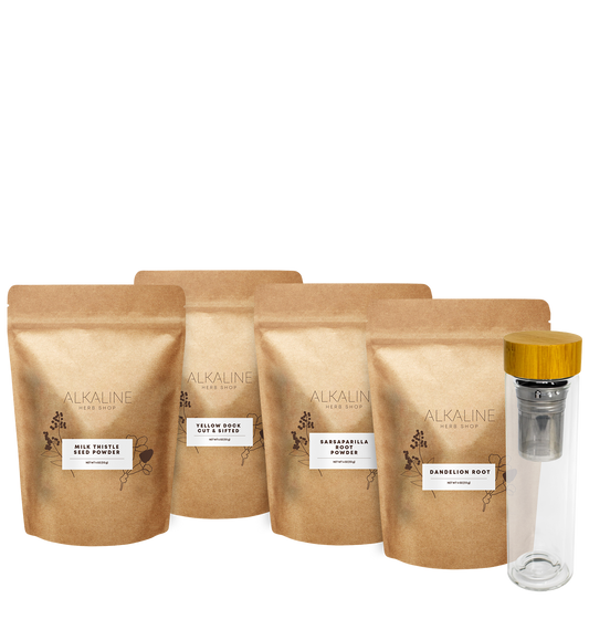 Liver Tea Bundle - Milk Thistle Seed, Dandelion Root, Yellow Dock, Sarsaparilla Root, and Double Wall 17 oz Tea Infuser