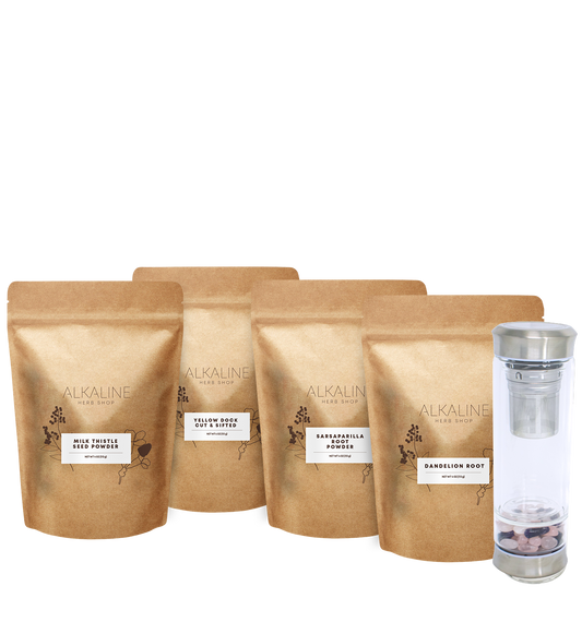 Liver Tea Bundle - Milk Thistle Seed, Dandelion Root, Yellow Dock, Sarsaparilla Root, and Gemstone Tea Infuser