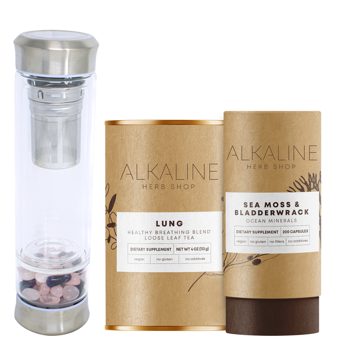 Lung Bundle - Sea Moss & Bladderwrack Supplement, Lung Tea Supplement (Happy Lung Tea) and Gemstone Tea Infuser