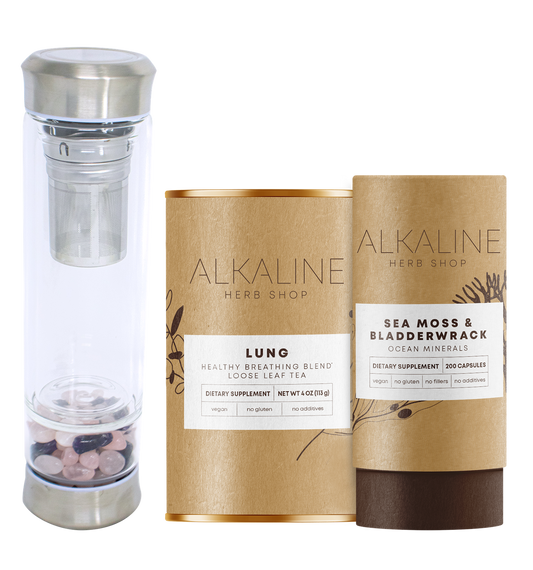 Lung Bundle - Sea Moss & Bladderwrack Supplement, Lung Tea Supplement (Happy Lung Tea) and Gemstone Tea Infuser