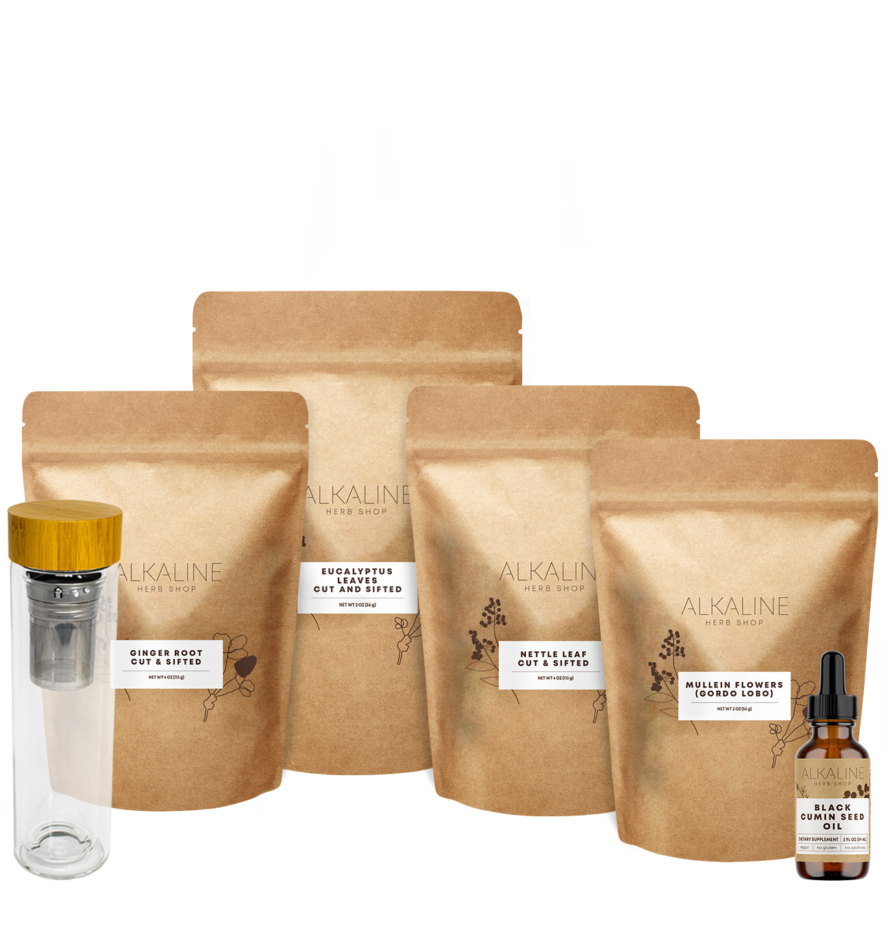 Lung Support Bundle - Eucalyptus Leaves, Mullein Flowers, Black Seed Oil, Ginger, Nettle Leaf, and Double Wall 17 oz Tea Infuser