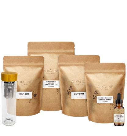 Lung Support Bundle - Eucalyptus Leaves, Mullein Flowers, Black Seed Oil, Ginger, Nettle Leaf, and Double Wall 17 oz Tea Infuser