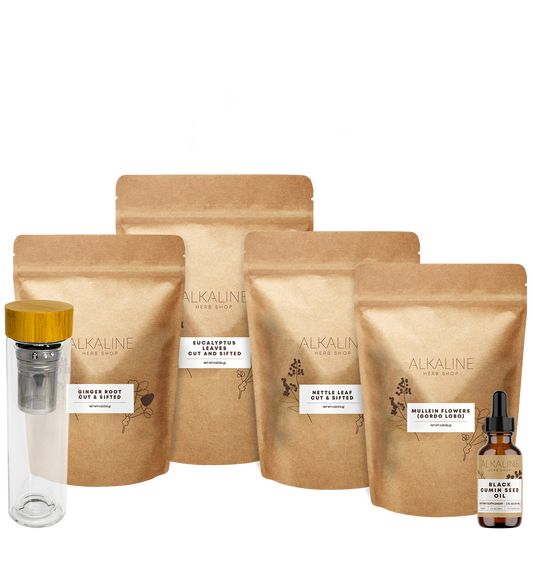 Lung Support Bundle - Eucalyptus Leaves, Mullein Flowers, Black Seed Oil, Ginger, Nettle Leaf, and Double Wall 17 oz Tea Infuser