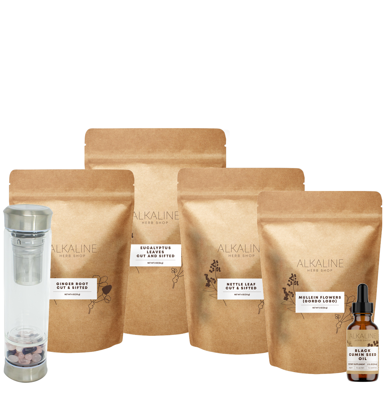 Lung Tea Bundle - Eucalyptus Leaves, Mullein Flowers, Black Seed Oil, Ginger, Nettle Leaf, and Gemstone Tea Infuser