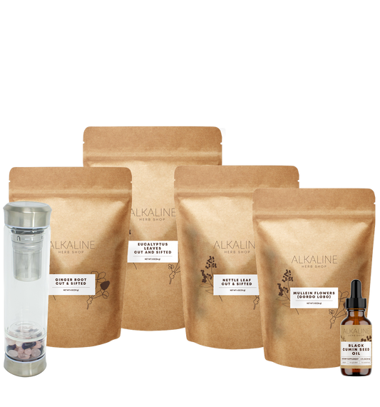 Lung Tea Bundle - Eucalyptus Leaves, Mullein Flowers, Black Seed Oil, Ginger, Nettle Leaf, and Gemstone Tea Infuser