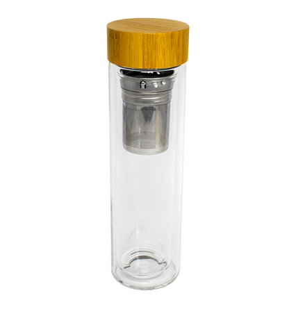 Double Wall Glass Drink Stainless Steel Tea Infuser Water Bottle Bamboo 17 oz