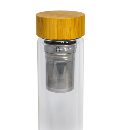 Double Wall Glass Drink Stainless Steel Tea Infuser Water Bottle Bamboo 17 oz