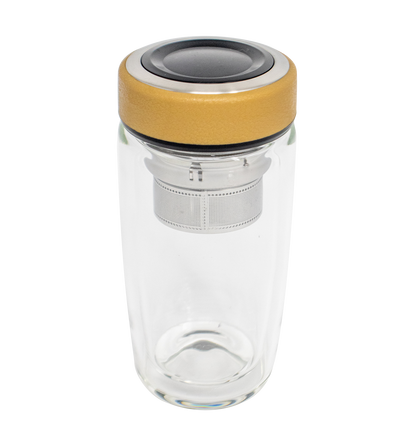 Tea Infuser Glass Water Bottle, Double Wall Glass with Strainer for Loose Leaf Tea and Fruit - 12 oz Brown