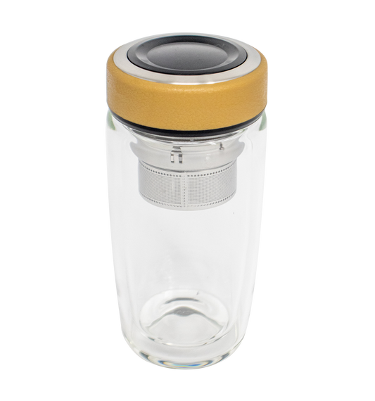 Tea Infuser Glass Water Bottle, Double Wall Glass with Strainer for Loose Leaf Tea and Fruit - 12 oz Brown