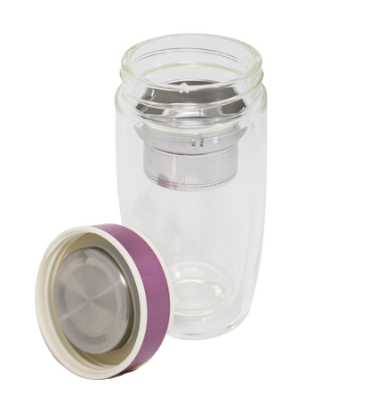 Tea Infuser Glass Water Bottle, Double Wall Glass with Strainer for Loose Leaf Tea and Fruit - 12 oz Pink