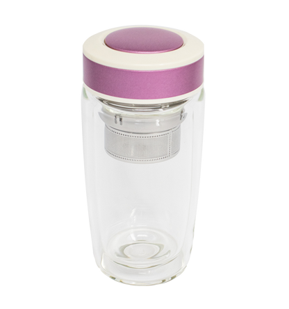 Tea Infuser Glass Water Bottle, Double Wall Glass with Strainer for Loose Leaf Tea and Fruit - 12 oz Pink