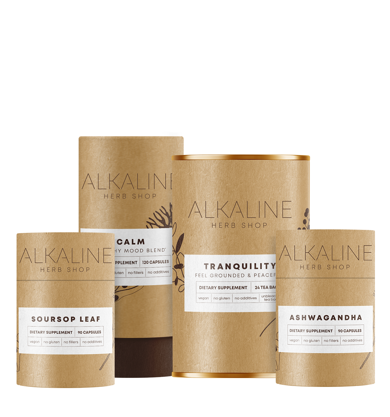 The Mind Body Balance Bundle - Ashwagandha Supplement, Tranquility Tea Supplement (Calm Tea), Calm Supplement (Happy Mood) & Soursop Leaf Supplement