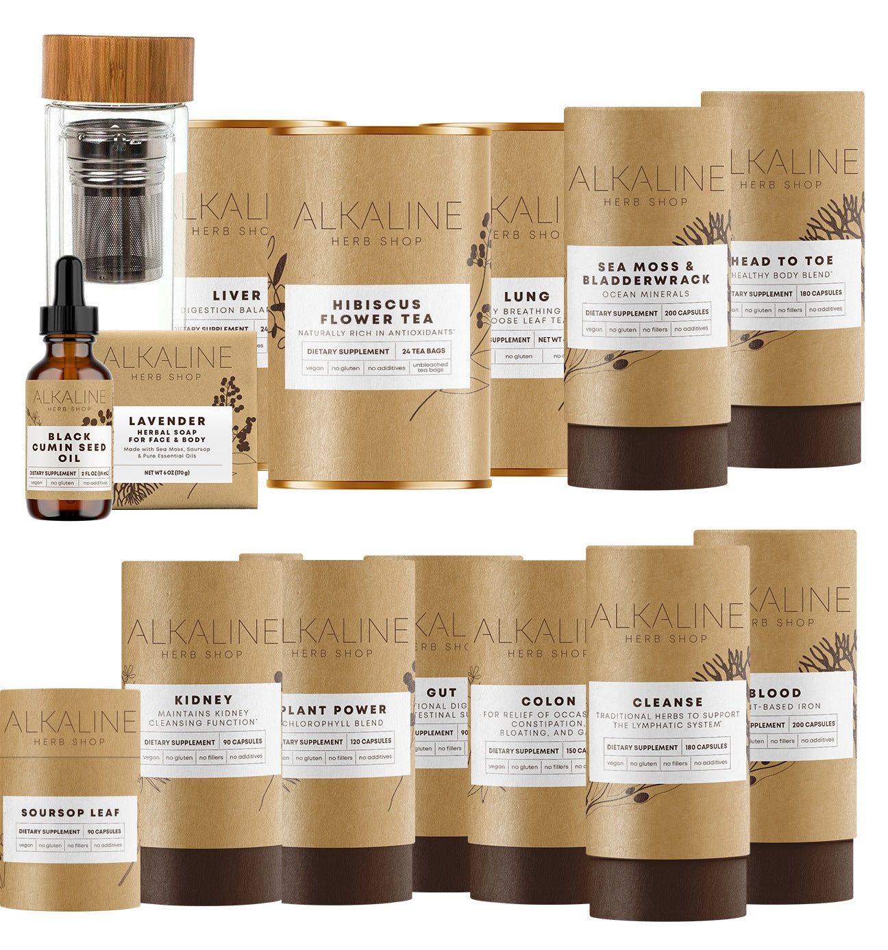 Full Body Bundle: Sea Moss and Bladderwrack, Plant Power, Kidney, Liver Tea, Lung Tea, Hibiscus Flower Tea, Gut, Colon, Cleanse, Blood, Head to Toe, sea moss soap, Soursop Leaf, black seed oil and a double wall glass tea infuser