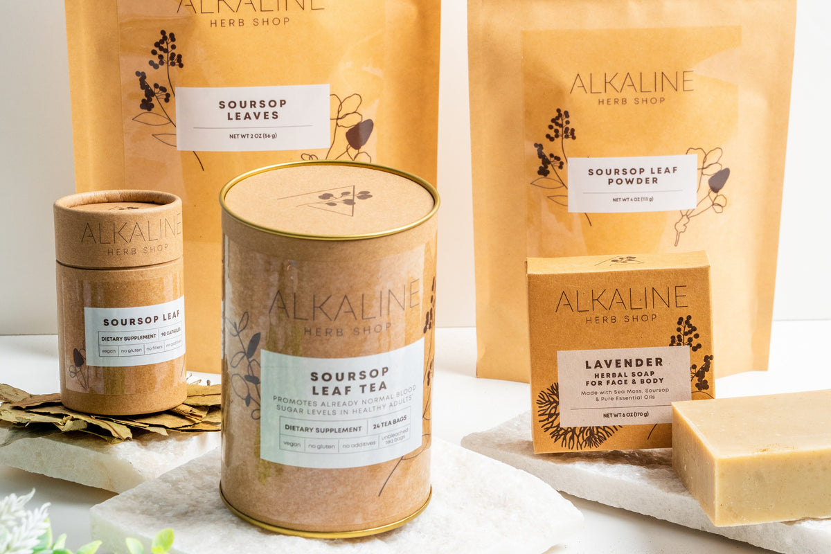 Soursop leaf tea, loose leaves, powder and soap from Alkaline Herb Shop