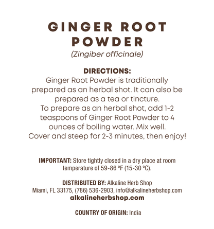 Ginger Root Powder 4 oz bag back label showing directions for an herbal shot, storage instructions and country of origin India