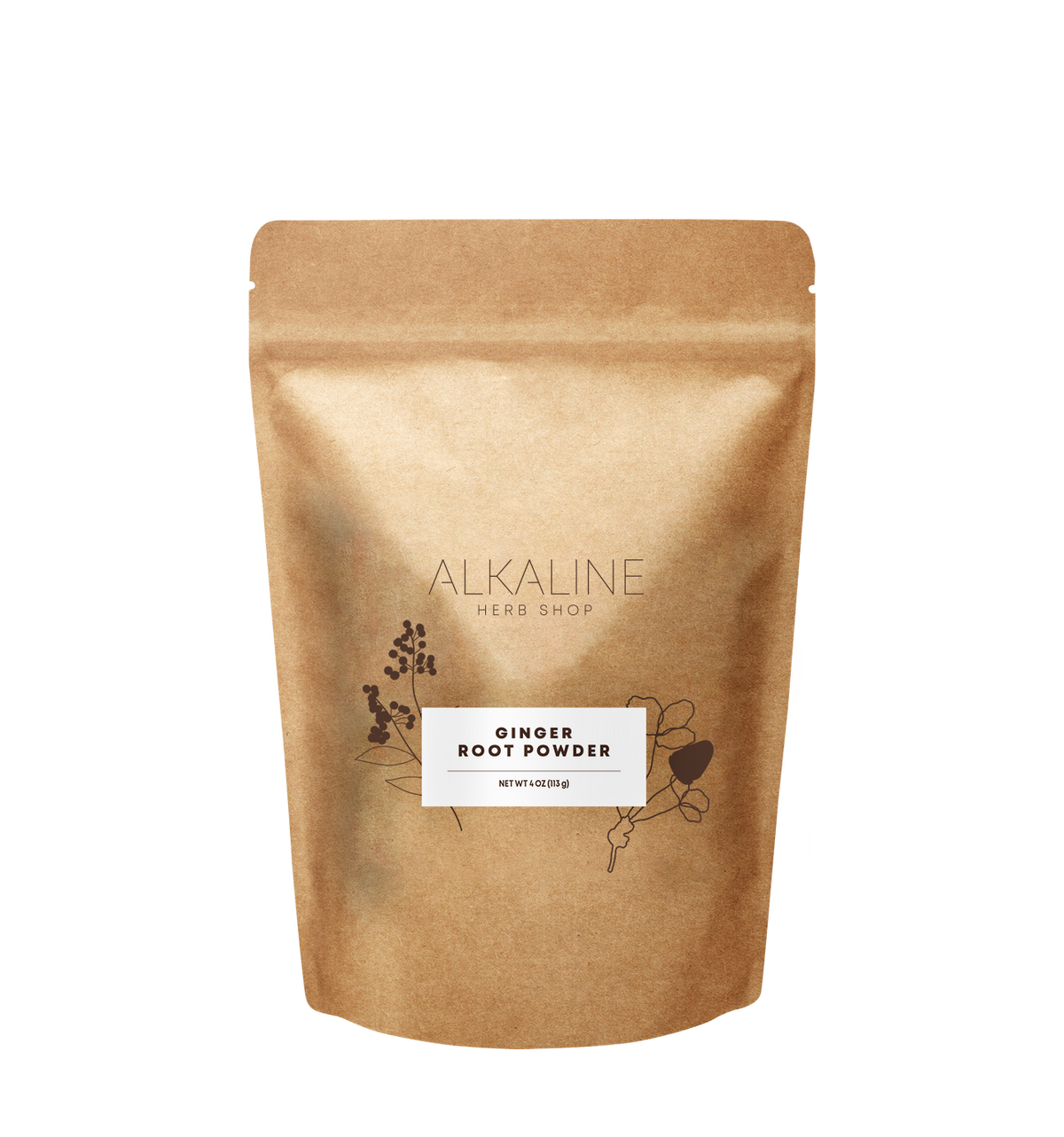 Ginger Root Powder 4 oz bag front label, Zingiber officinale, jengibre en polvo