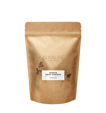 Ginger Root Powder 4 oz bag front label, Zingiber officinale, jengibre en polvo