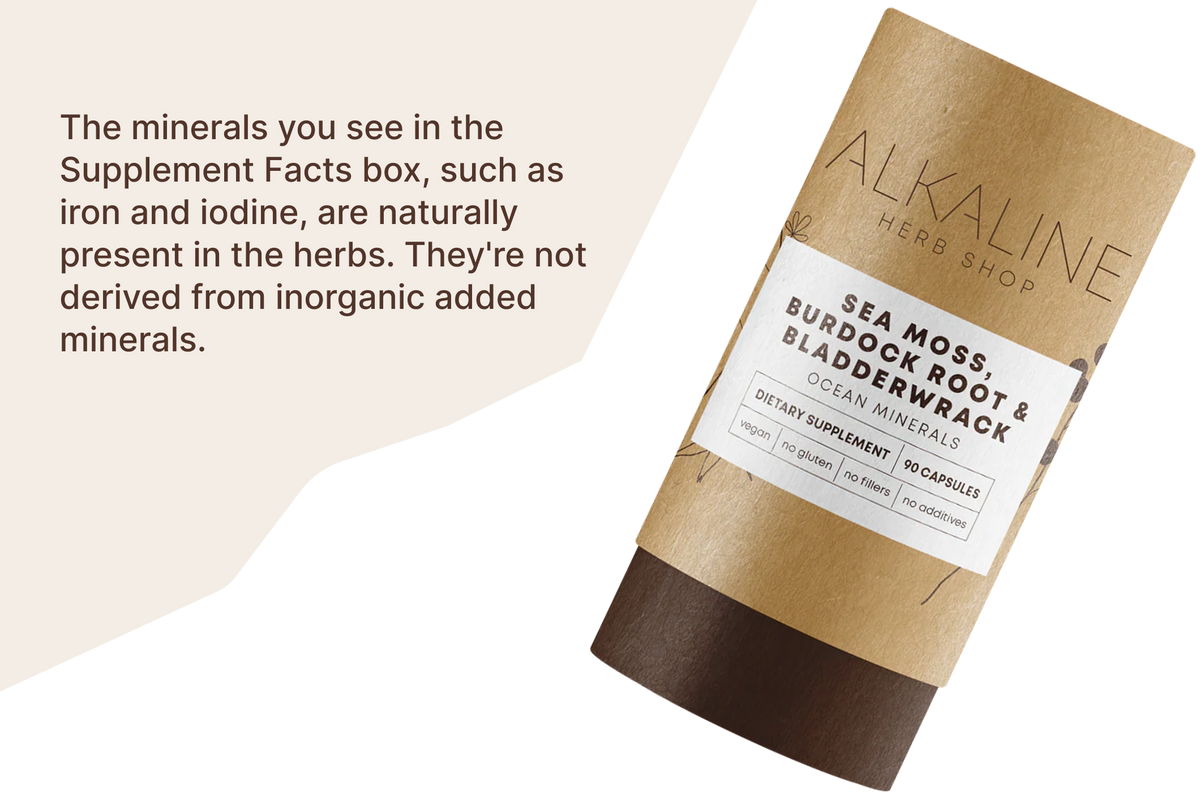 Sea Moss, Burdock Root and Bladderwrack Supplement Facts panel