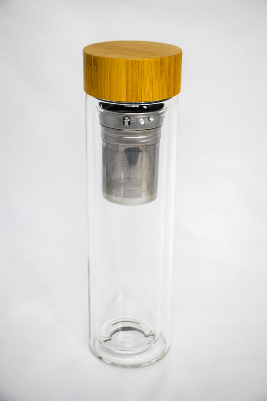 Double Wall Glass Drink Stainless Steel Tea Infuser Water Bottle Bamboo 17 oz