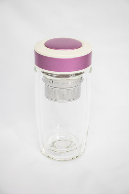 Tea Infuser Glass Water Bottle, Double Wall Glass with Strainer for Loose Leaf Tea and Fruit - 12 oz Pink